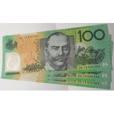 AUSTRALIA 2013 . ONE HUNDRED 100 DOLLAR BANKNOTES . STEVEN/PARKINSON . CONSECUTIVE TRIO . FIRST PREFIX AA